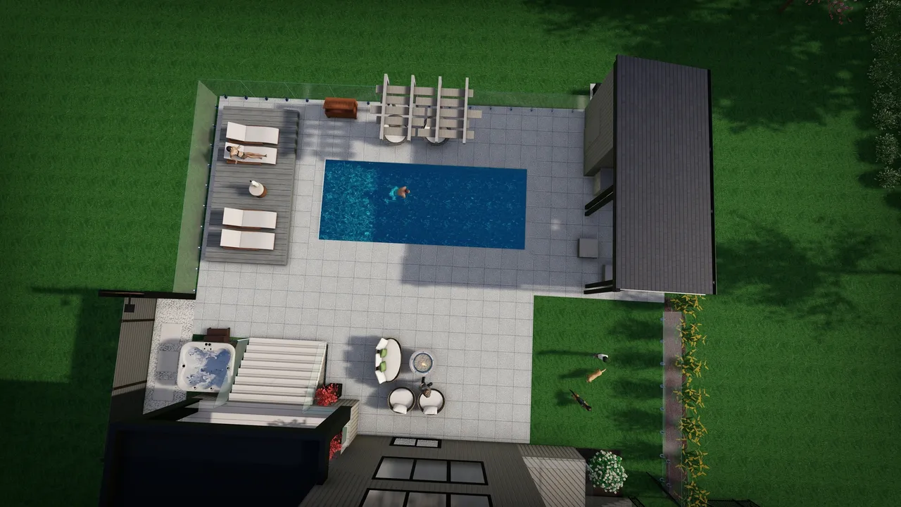 plan 3D d'une Piscine et terrasse